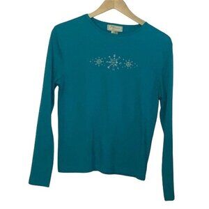 Womens Teal Long-Sleeve Top With Snowflake Embellishment M.C. Sportswear Medium